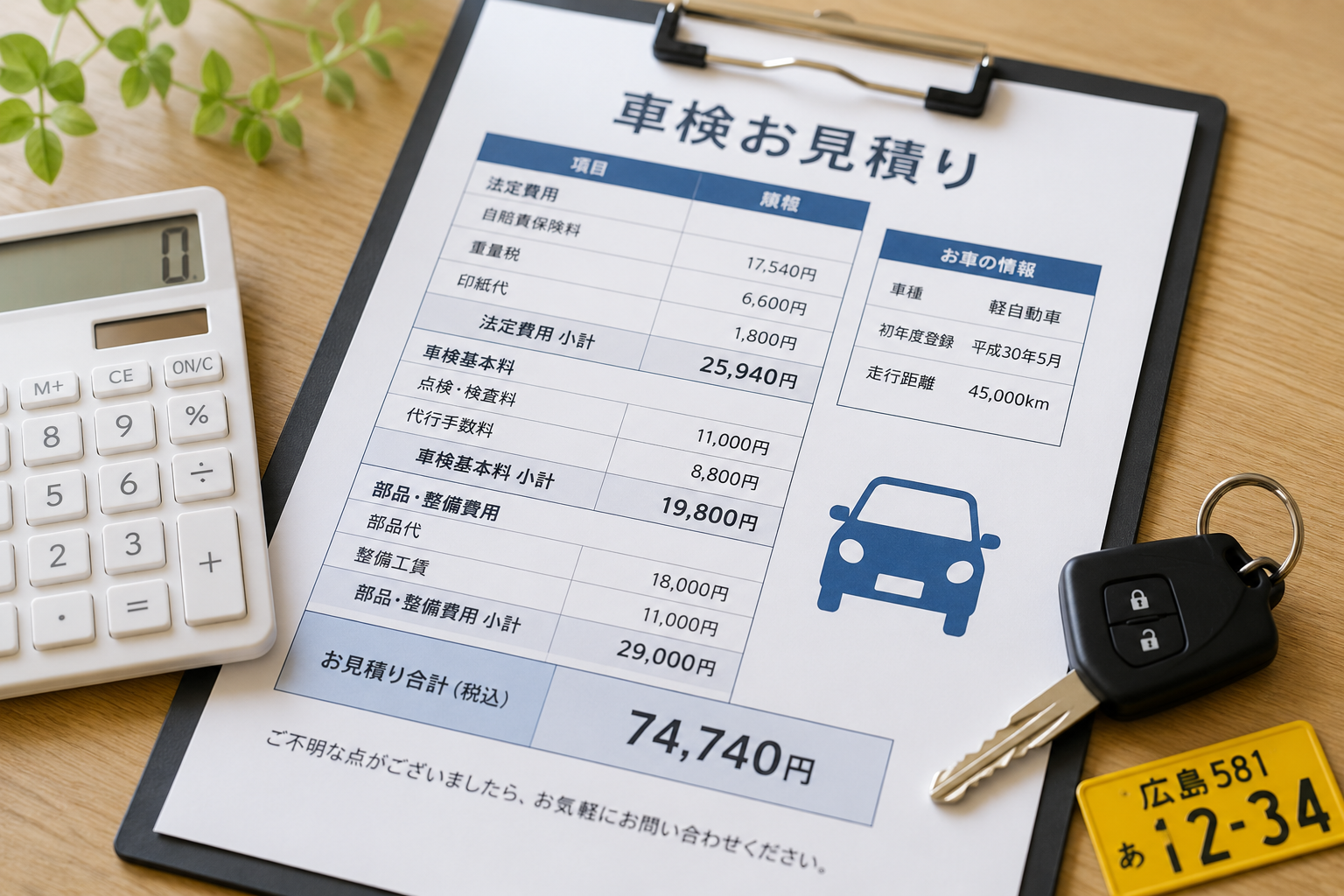 車検の見積書と電卓、軽自動車のキーを並べたイメージ