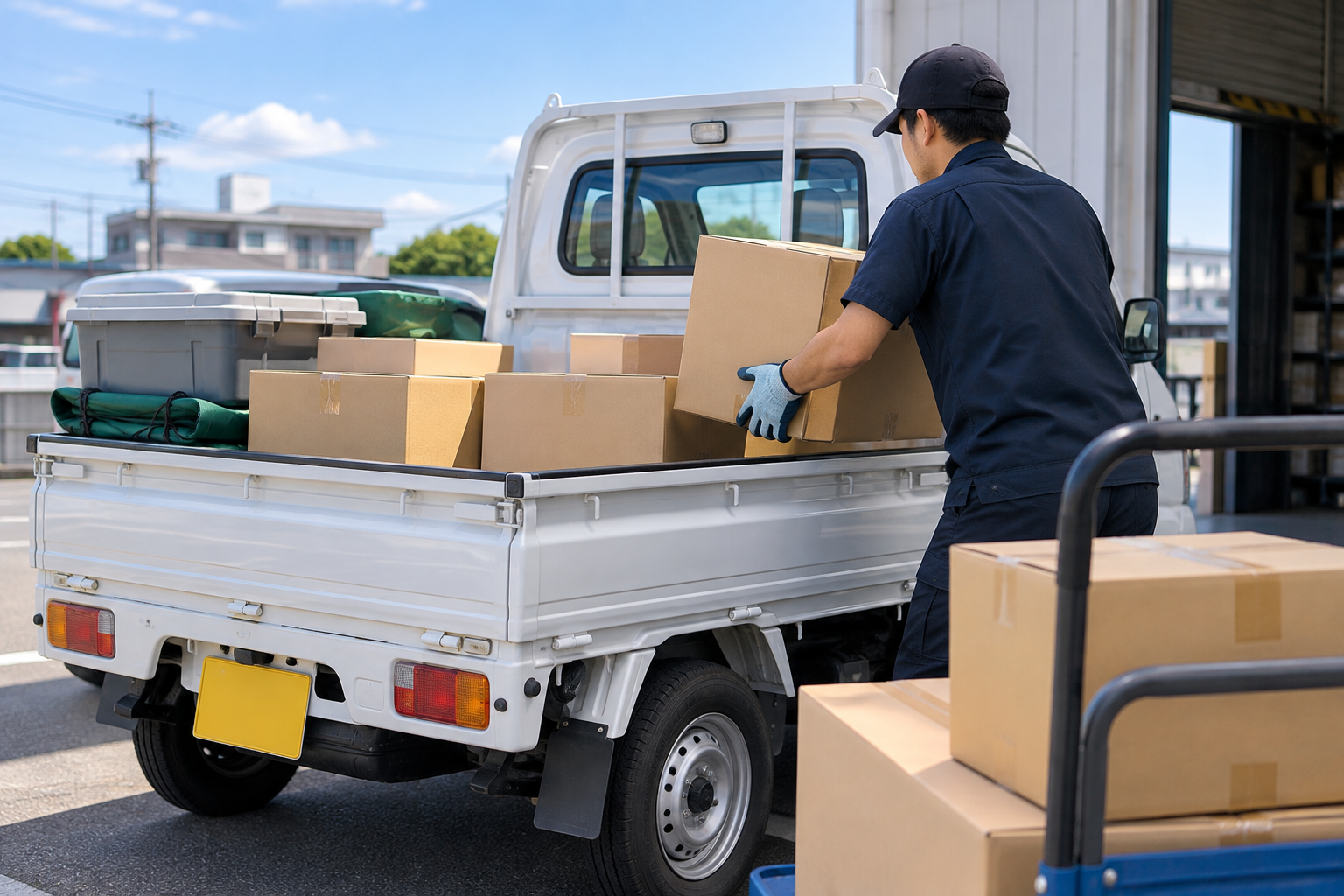 軽トラックの荷台にスタッフが段ボール箱を積み込んでいる様子