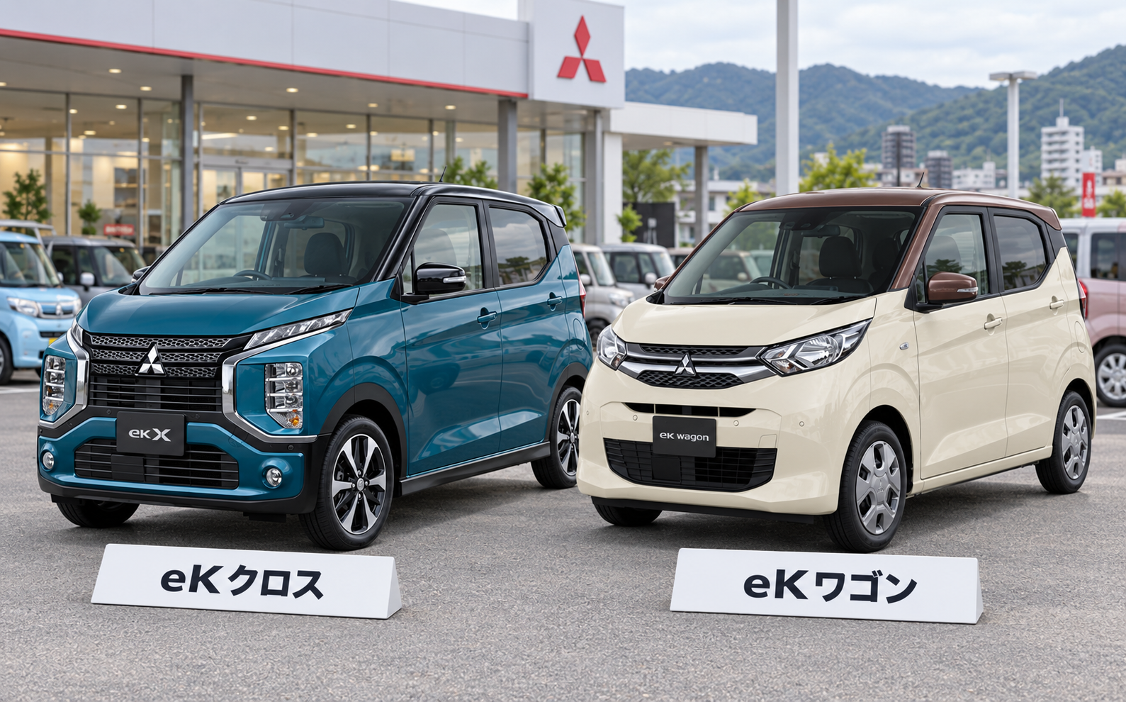 三菱ディーラー店頭に並ぶeKクロス（青）とeKワゴン（白）の外観
