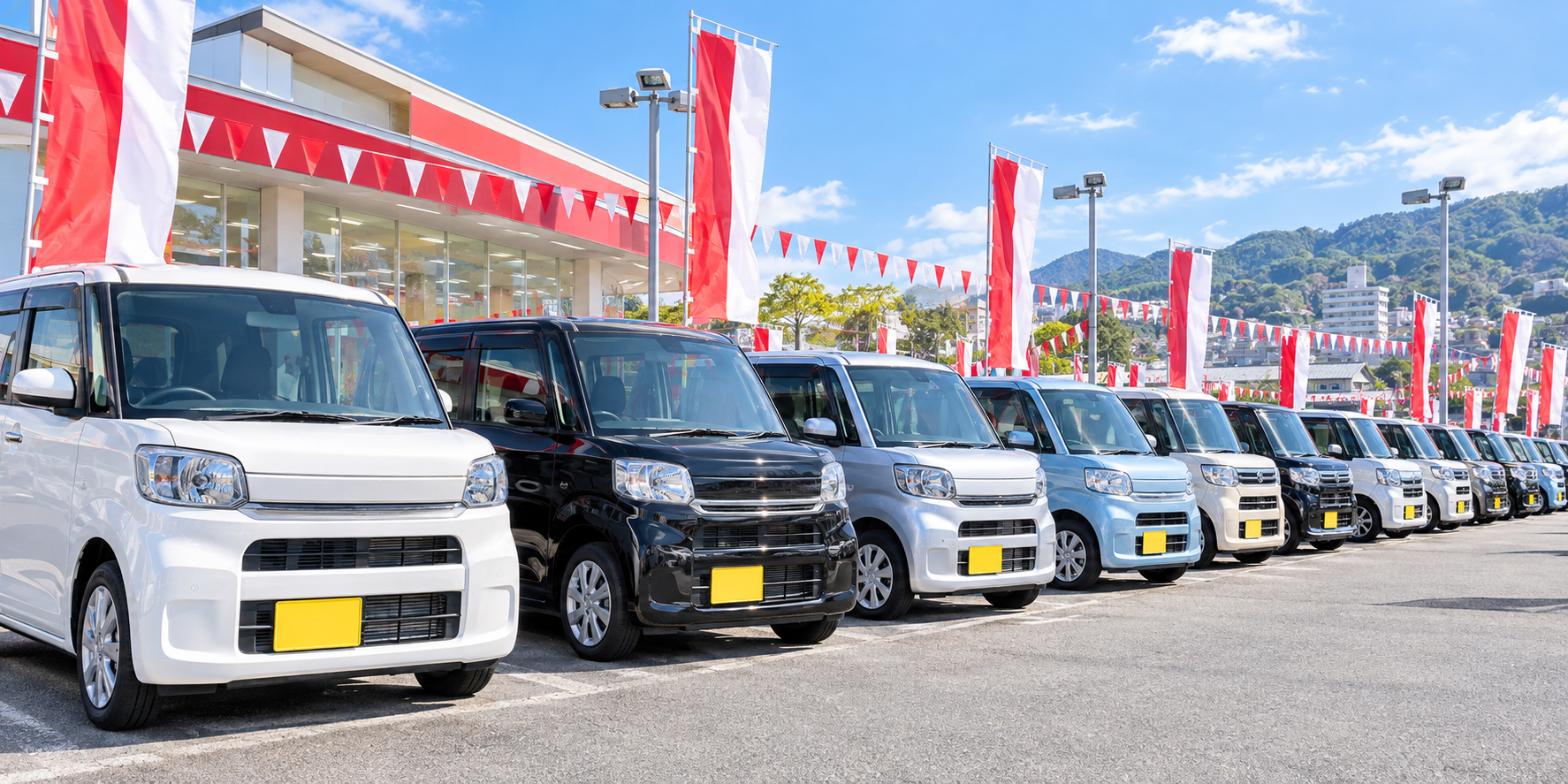 決算セールの時期に店頭に並ぶ軽自動車の展示車両