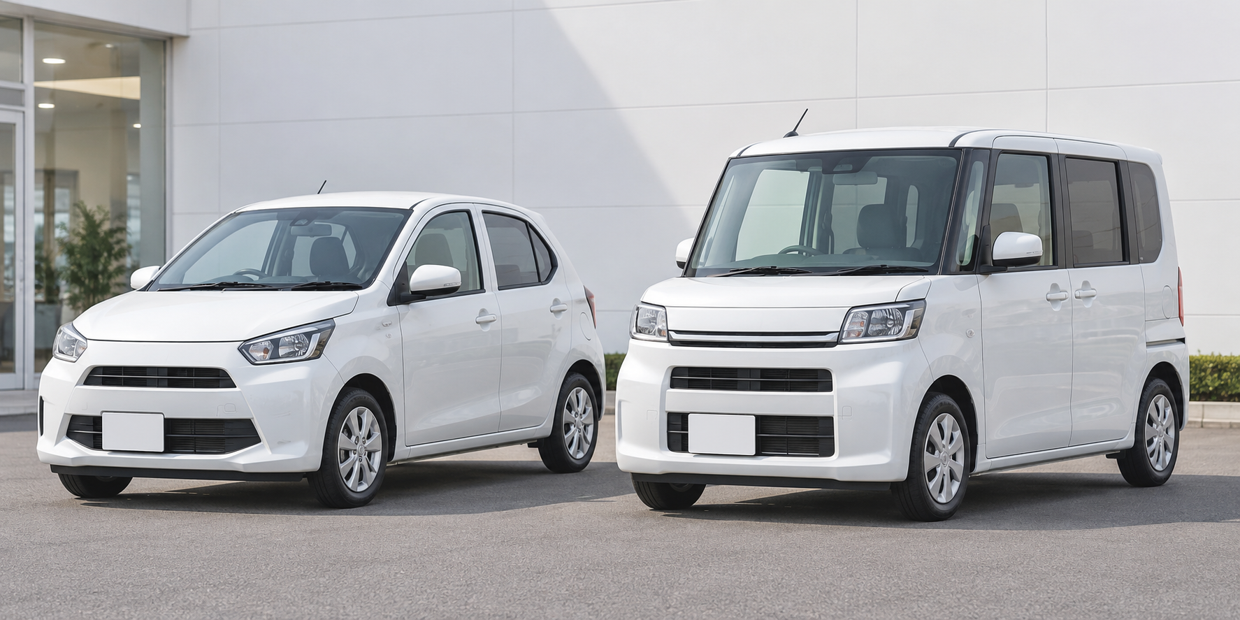 セダンタイプとスーパーハイトワゴンタイプの軽自動車を並べた外観比較
