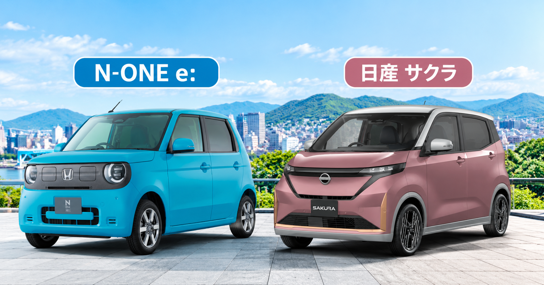 ホンダN-ONE e:（ブルー）と日産サクラ（ピンク）を並べた外観。軽EV2車の違いを比較する記事の写真