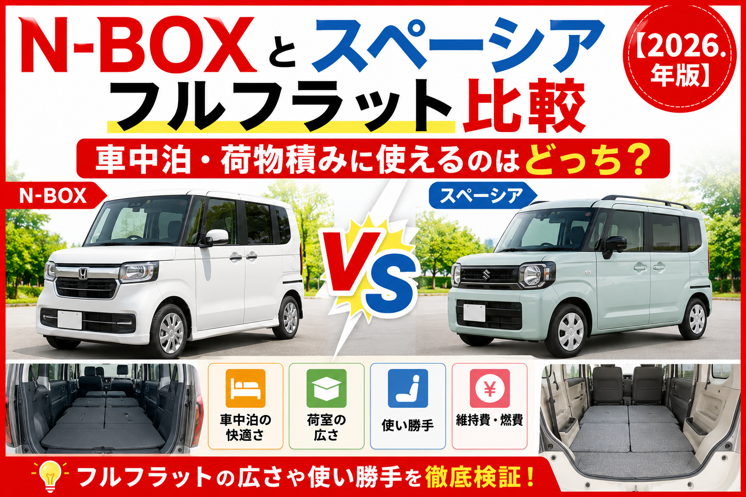 N-BOXとスペーシアのフルフラット性能や車中泊の快適性、荷室の広さを比較解説する2026年版アイキャッチ画像