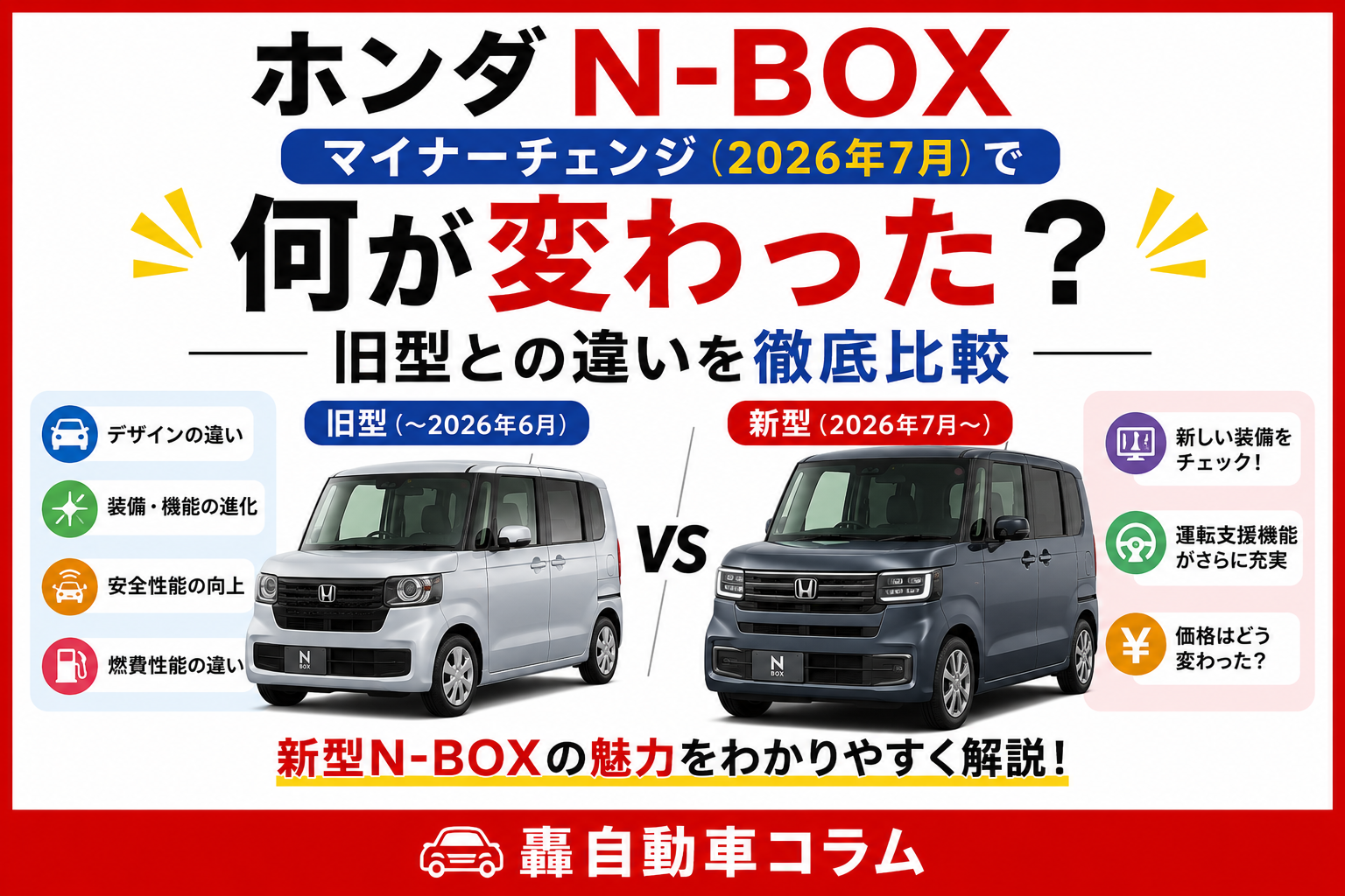 ホンダN-BOXの2026年7月マイナーチェンジで何が変わったのか、旧型と新型のデザイン・装備・安全性能・燃費などの違いを比較するアイキャッチ画像