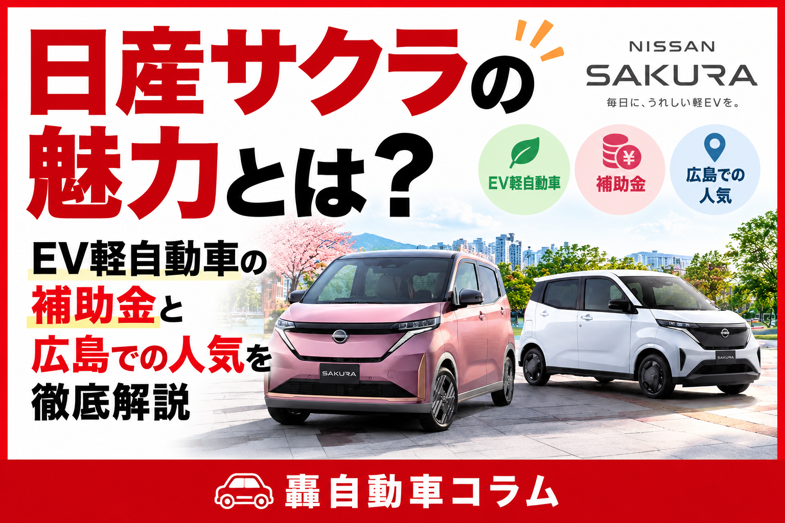 日産サクラの外観と充電コネクタのイメージ。EV軽自動車の魅力を解説する記事のアイキャッチ画像