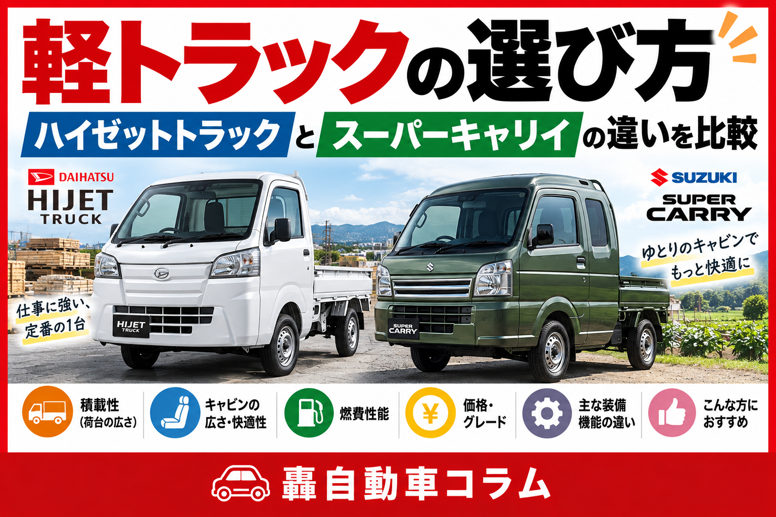 軽トラックの荷台に工具箱を積み込むイメージ。ハイゼットトラックとスーパーキャリイの違いを比較する記事のアイキャッチ画像