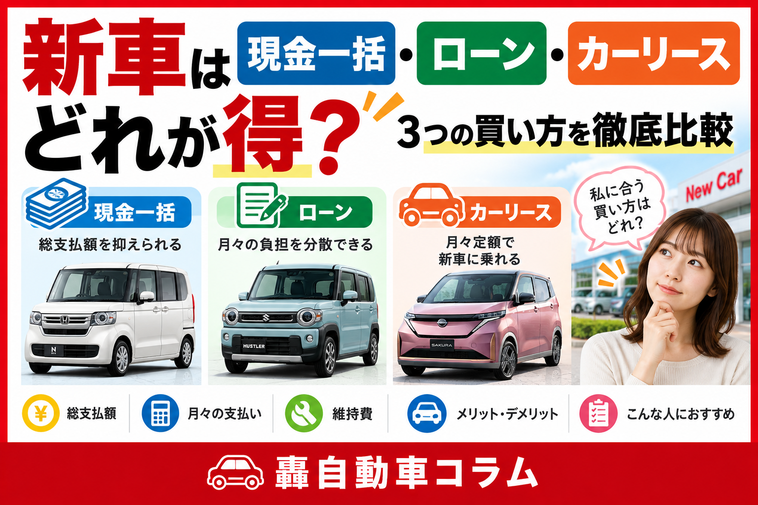 電卓と車のキー、契約書を並べたイメージ。現金一括・ローン・カーリースの3つの買い方を比較する記事のアイキャッチ画像