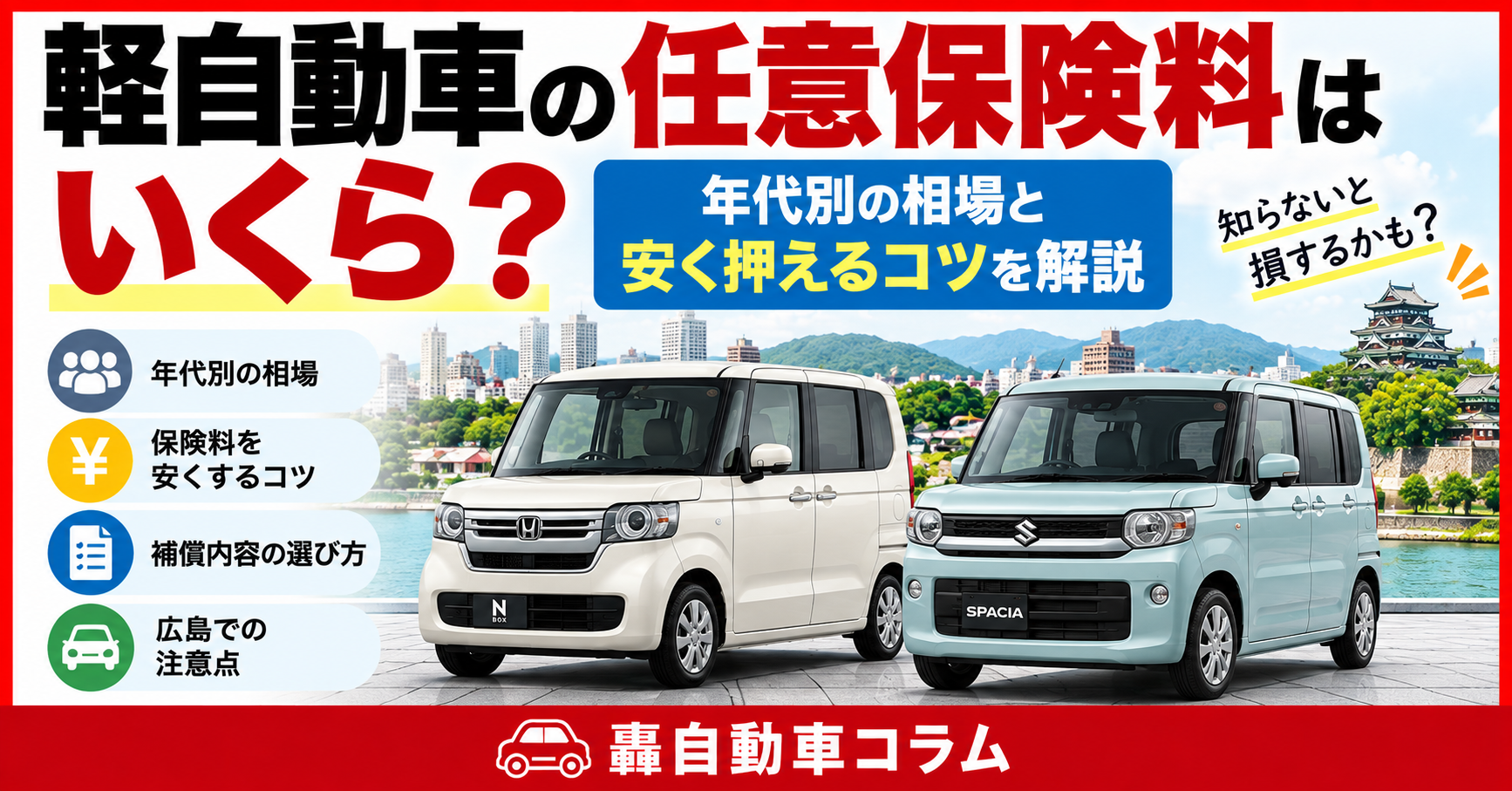 軽自動車の任意保険料について年代別の相場や保険料を安く抑えるコツを解説するアイキャッチ画像