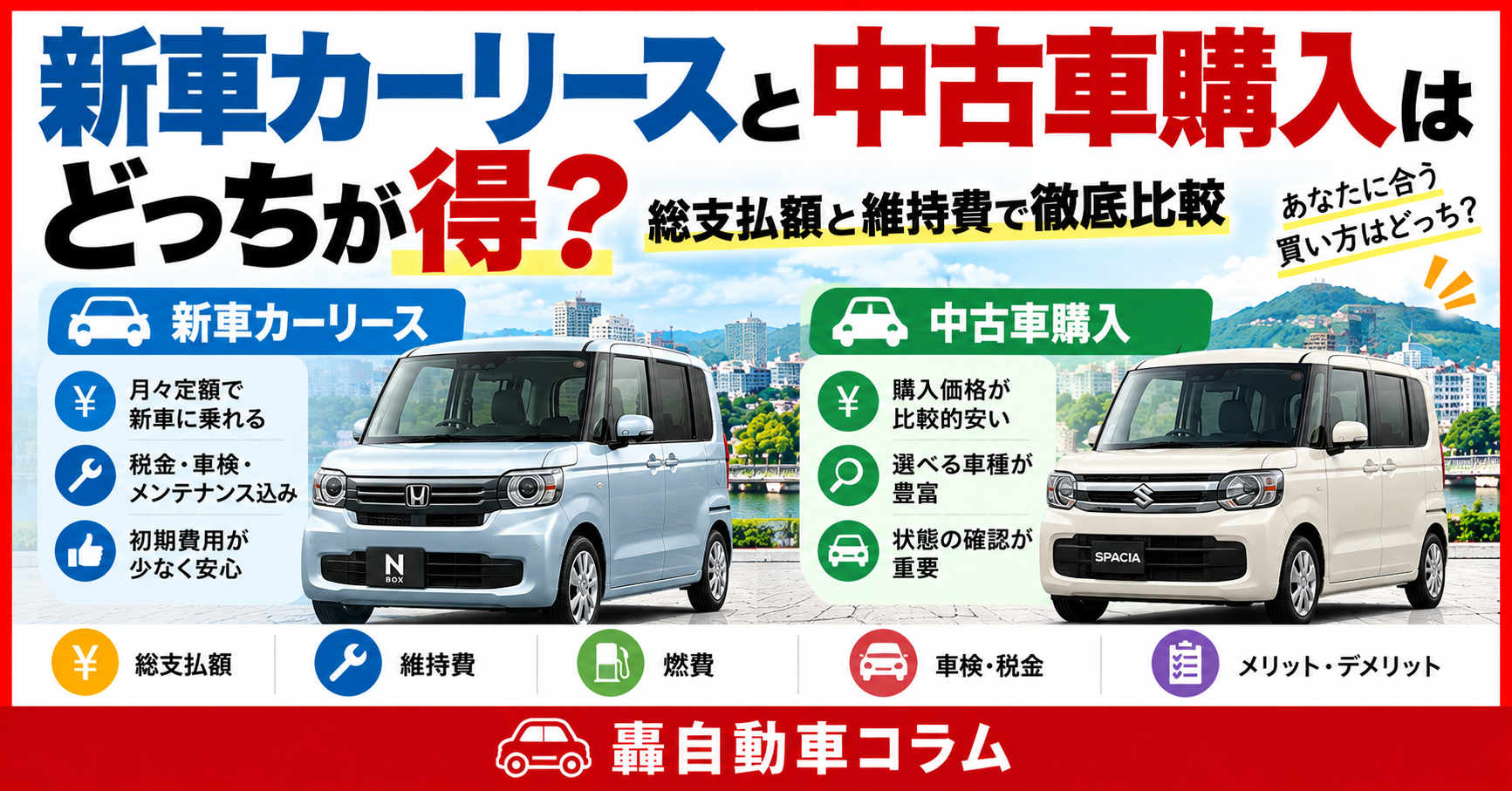 新車カーリースと中古車購入の総支払額・維持費・車検・税金などの違いを比較したアイキャッチ画像