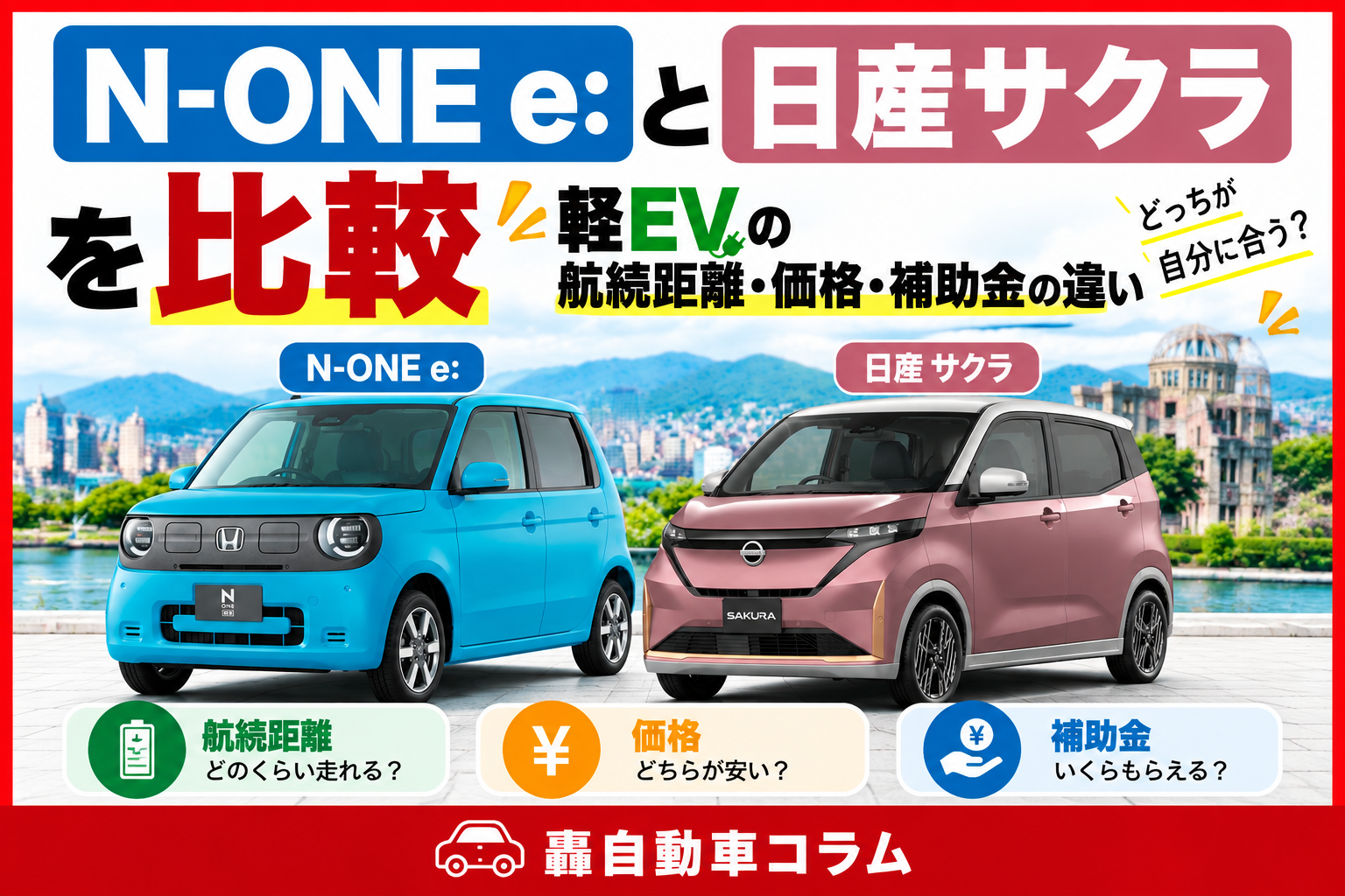 ホンダN-ONE e:と日産サクラを並べた軽EVの外観イメージ。2台の違いを解説する記事のアイキャッチ画像