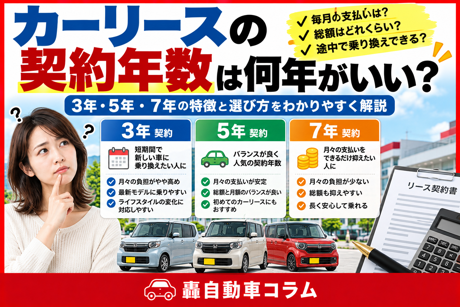 カーリースの契約プランについて店頭で相談している様子。契約年数の選び方を解説する記事のアイキャッチ画像