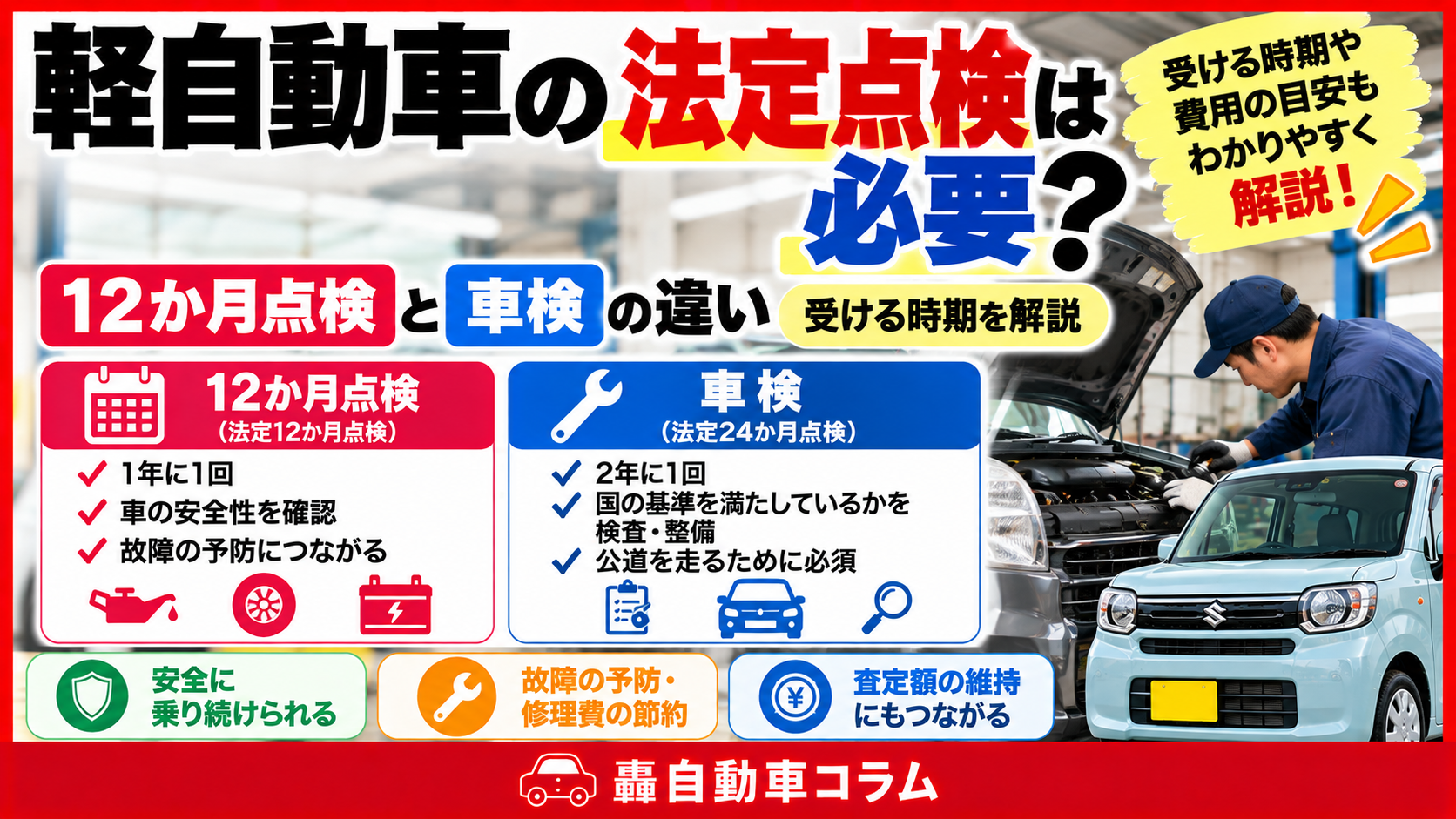 点検整備記録簿とメンテナンスノートを手に、軽自動車の法定点検の時期を確かめる様子。12か月点検と車検の違いを解説する記事のアイキャッチ画像